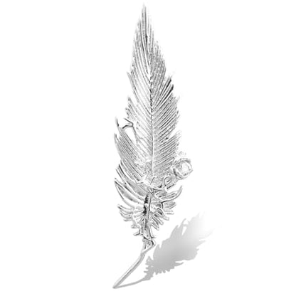 Small Rose Flower Feather Brooch Pin, Lapel Pin Men Women Suit | Classic Simple Metal Jewelry, Collar Shirt Clothes Blazer Coat Jacket Vest Hat Dress, Wedding Boutonniere, Velvet Pouch & Box - color: Silver