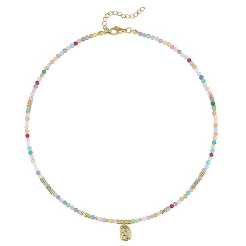 KissYan Beaded Choker Necklace for Women, Colorful Natural Gemstones Pearl Choker 14K Gold Plated Pendant Healing Crystal Necklace Handmade Stone Jewelry Gift | 14K Gold Plated Pendant Necklaces, Natural Gemstones Pearl Choker, Healing Crystal Chain, Hand