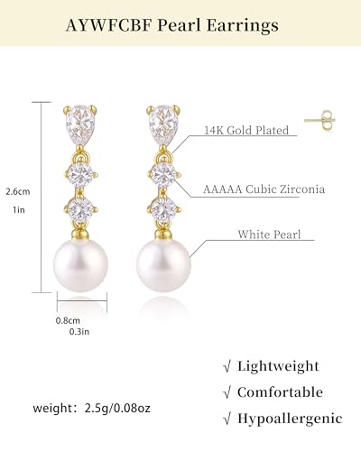 Pearl Earrings for Women, 14k Gold Plated Trendy Diamond Pearl Drop Earrings Bridal Shower Gifts Wedding jewelry for Women - color: Style F Gold