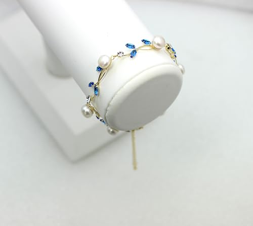 Faship Genuine Freshwater Pearls Floral Necklace Earrings Set | Premium CZ Crystal, Gorgeous, Sparkling - color: Blue / Gold Plated / Matching Bracelet