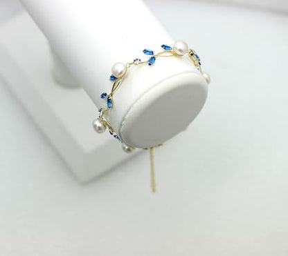 Faship Genuine Freshwater Pearls Floral Necklace Earrings Set | Premium CZ Crystal, Gorgeous, Sparkling - color: Blue / Gold Plated / Matching Bracelet