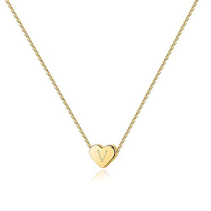PAVOI 14K Gold Plated Tiny Heart Necklace | Dainty Necklace for Women | Personalized Letter Heart Choker | Adjustable Slider - style: - V