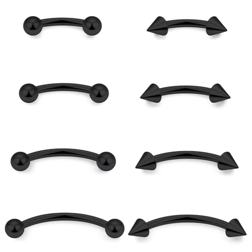 Eyebrow Piercing Jewelry Surgical Steel Vertical Labret Lip Jewelry Curved Barbell Tiny Eyebrow Ring Ear Rook Navel Small Belly Button Ring for Women Men 16g Bar Length 6mm/8mm/10mm/12mm - color: black,ball+spike
