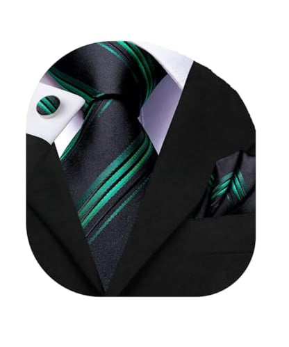 Dubulle Mens Paisley Striped Tie Woven Necktie for Men and Handkerchief Cufflinks Set Wedding Formal Business - color: B Green Black