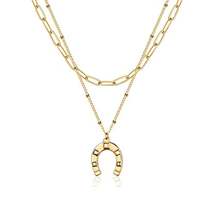 MEVECCO Dainty Pendant Layered Necklaces for Women | 18K Gold Plated Brass, 2-Piece Set With A Choker-Length Upper Layer, Wear Together Or Separately, Refined Everyday Style - style: Layer Horseshoe