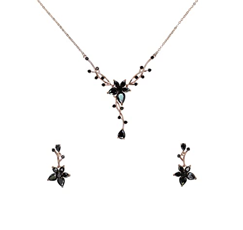 Faship Gorgeous CZ Crystal Floral Necklace Earrings Set - color: Black / Rose gold plated