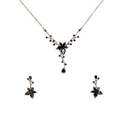 Faship Gorgeous CZ Crystal Floral Necklace Earrings Set - color: Black / Rose gold plated
