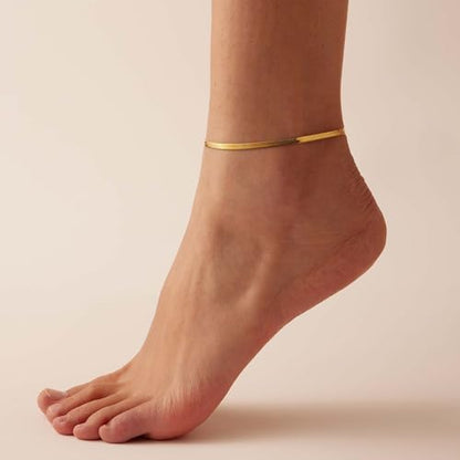 Dainty Ankle Bracelets for Women 18K Gold Plated Waterproof | Satellite Beaded Herringbone Lip Chain Anklets Simple Minimalist Summer Beach Foot Jewelry, Gift Box Included - color: 3mm Snake-Gold