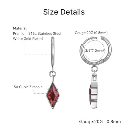 Hoop Earrings for Women, Stainless Steel Red Earrings, Hypoallergenic Trendy Cartilage Earrings for Lobe, Rhombus, Cubic Zirconia - color: Stainless Steel