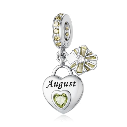 LNQOBU 925 Sterling Silve Heart-shaped Birthstone Charm for Bracelets, With 5A Cubic Zirconia Birthday Charms Dangle Pendant Bead for Pandora Bracelets - color: H-August