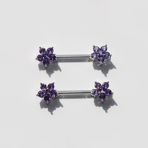 BSJ4U Nipple Piercing Jewelry 14G Stainless Steel Nipple Rings for Women Heart Butterfly Flower Bow Nipple Barbells - color: Purple CZ Nipple Piercing Jewelry