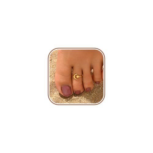 LOVECOM 925 Sterling Silver Moon Star Toe Rings for Women Mom | Dainty 14K Gold Plated Crescent Adjustable Open Band Toe Ring Stacking Summer Beach Foot Birthday Jewelry Gifts to Daughter