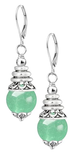 Natural 10mm Stone Beads Drop Earrings,Retro Silver Round Quartz Crystal Gemstone Beads Dangle Earrings for Women - color: A06_Aventurine