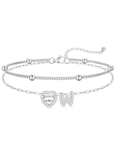 FaithHeart Waterproof Initial Ankle Bracelets for Women, Initial Anklets with Heart CZ Stainless Steel Layered Letter A-Z Anklet No Tarnish Ankle Jewelry - color: Silver, size: Initial W