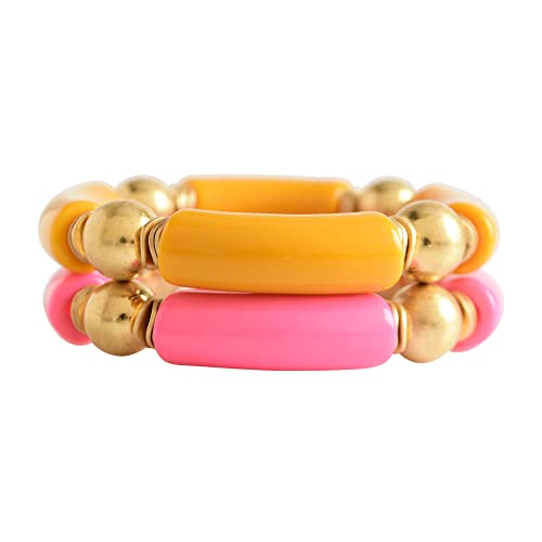 LALAPPLE Gold Plated Beaded Acrylic Bamboo Tube Bangle Bracelets for Women, Colorful Chunky Curved Tube With Gold Plated Pieces Beads Stretch Bracelet Friendship Summer Beach Jewelry - color: P-Orange&Watermelon red 2pcs