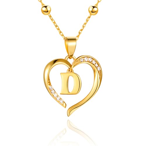 Cicy Bell Womens Heart Initial Necklace 18k Gold Plated | Personalized Letter Pendant, 17.7'' with 2'' Extender - color: Style 2-D-Gold