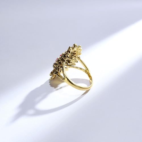 Boho Retro Rhinestone Ring Ethnic Big Flower Crystal Finger Ring Trendy Statement Tribal Indian Dance Costume Ring Jewelry for Women - color: Gold-red