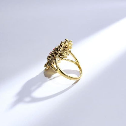 Boho Retro Rhinestone Ring Ethnic Big Flower Crystal Finger Ring Trendy Statement Tribal Indian Dance Costume Ring Jewelry for Women - color: Gold-red