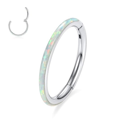 PEAKLINK Hinged Nose Hoop Ring Surgical Steel Conch Cartilage Helix Lobe Earring for Septum Lip Tragus Daith Rook Orbital Belly Nose Piercing Jewelry - color: Silver with White Opal