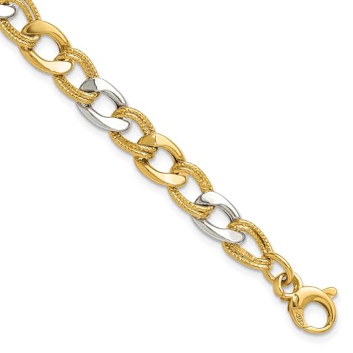 Diamond2Deal 14K Two-tone Gold Polished and Textured Fancy Link Chain Bracelet 7.25"