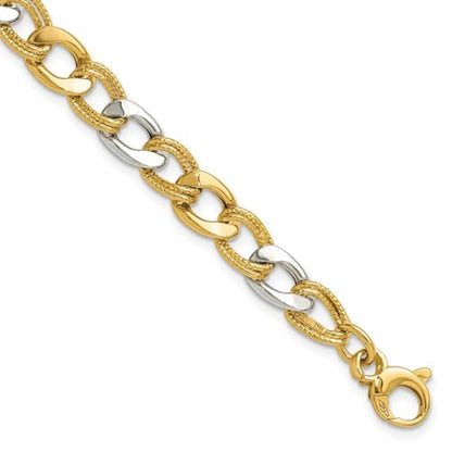 Diamond2Deal 14K Two-tone Gold Polished and Textured Fancy Link Chain Bracelet 7.25"