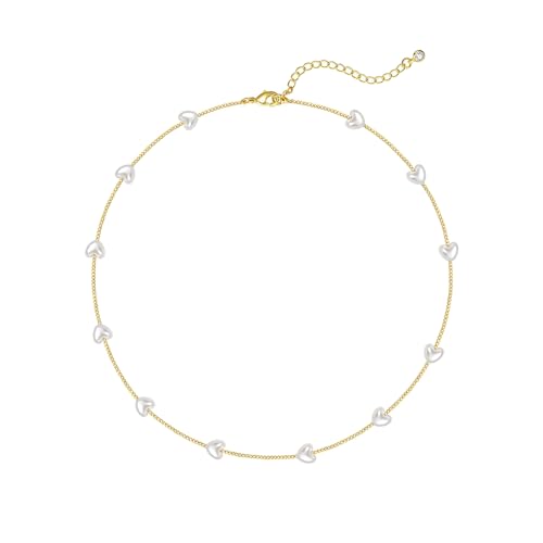 HERIER Cute Heart Necklace Dainty 18k Gold Plated Tiny Heart Pendant Choker Necklaces Small Gold Love Open Heart Chain Necklace for Women Simple Gold Necklace for Women Trendy Jewelry - color: Heart Pearl Necklace-Gold