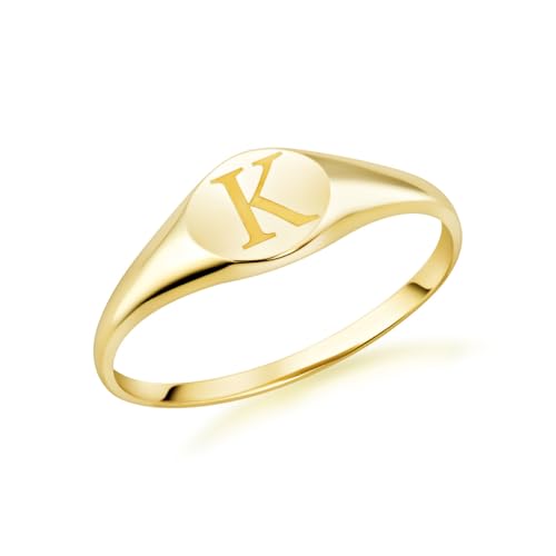 Personalized Gold 1.5mm Engravable Initial Letter A-Z Signet Ring for Women | 10K or 14K Yellow, Rose, or White Gold | Available in Sizes 4-12 - color: Yellow Gold, size: 6.75, style: 10K