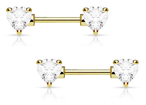 Forbidden Body Jewelry Pair of Surgical Steel 1/2-5/8 Inch (12-16mm) Cubic Zirconia Crystal Double Heart Nipple Barbells - style: Clear (Gold Tone)