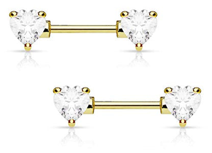 Forbidden Body Jewelry Pair of Surgical Steel 1/2-5/8 Inch (12-16mm) Cubic Zirconia Crystal Double Heart Nipple Barbells - style: Clear (Gold Tone)