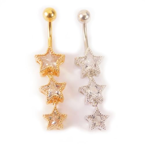 3Pcs 14G Stainless Steel Dangle Belly Button Rings Cubic Zirconia Heart Star Round Belly Navel Barbell Rings Belly Piercing Jewelry for Women - style: Silver Star