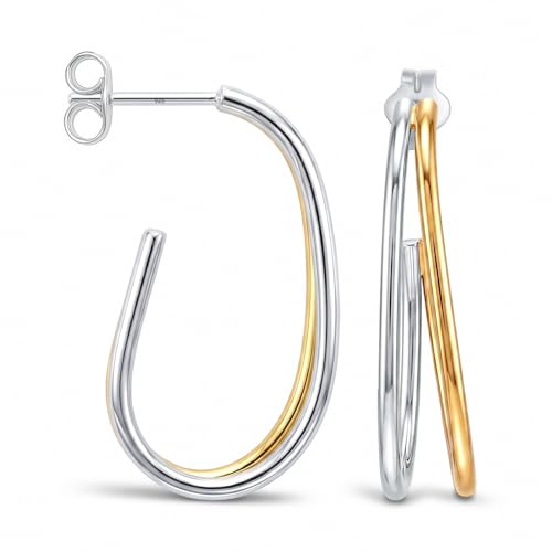 LeCalla Real 925 Sterling Silver C Hoop Earrings | Lightweight Small Hoops Italian Half Earring Hoops for Women - color: Two-Tone Oval Hoops-30mm