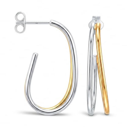 LeCalla Real 925 Sterling Silver C Hoop Earrings | Lightweight Small Hoops Italian Half Earring Hoops for Women - color: Two-Tone Oval Hoops-30mm