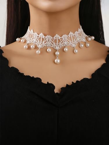 Lace Choker Necklace for Women Tassel Pendant Choker Necklaces Elegant Boho Collar Necklaces Statement Artistic Chain Necklace with Pearl Halloween Party Cosplay Costume Jewelry - color: White Lace Pearl-5