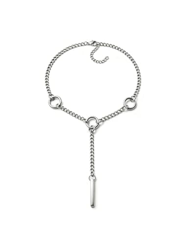 Heart O Ring Slip Chain Choker Necklace for Women Men Stainless Steel Cuban Chain Y-shape Necklaces Punk Rock Collar Adjustable Lariat Y Necklace Prom Necklaces Jewelry - color: Silver bar 3 rings
