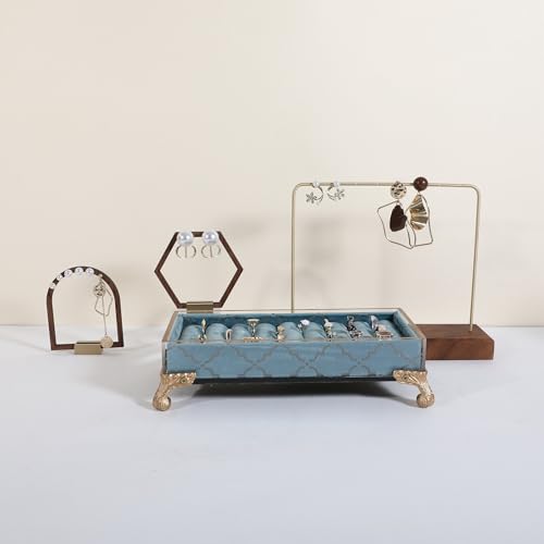 velvet slots Ring holder for jewelry organizer, Earring ring display stand for selling, felt ring jewelry holder tray showcase【Velvet slots Ring Holder-Light blue】 - color: Light blue