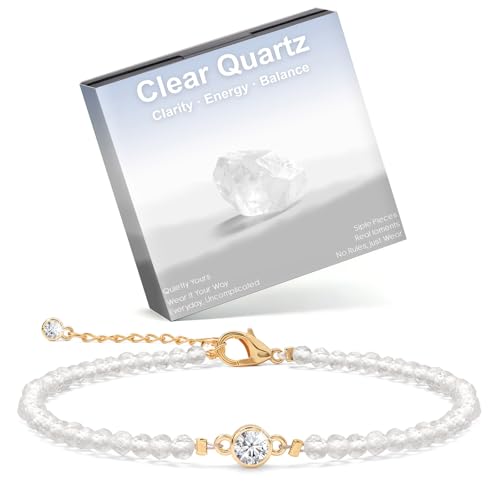 Raicegs Anklets for Women Handmade Beach Boho Ankle Bracelet 3mm Natural Stone Beaded Ankle Bracelet 14K Gold Plated Zircon Pendant Adjustable Crystal Gemstone Anklet Jewelry Gift for Her - color: Clear Quartz