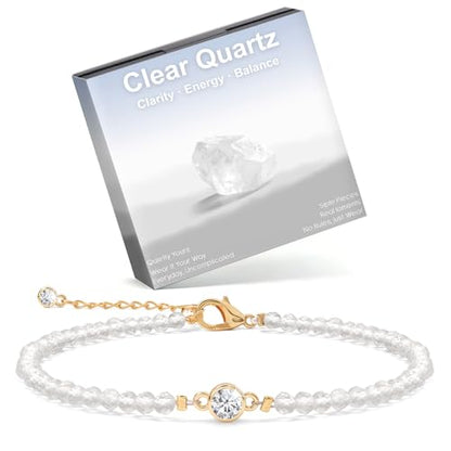Raicegs Anklets for Women Handmade Beach Boho Ankle Bracelet 3mm Natural Stone Beaded Ankle Bracelet 14K Gold Plated Zircon Pendant Adjustable Crystal Gemstone Anklet Jewelry Gift for Her - color: Clear Quartz