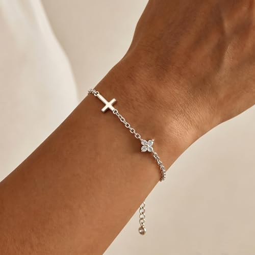 Bracelets for Women, Dainty Gold Silver Ring Bracelet Hand Chain | Cubic Zirconia Pearl Charms, 14K Gold Plated, Adjustable Fit, Trendy Stackable Link Chain, Waterproof Jewelry, Gift for Her - color: Silver-cross+clover charm bracelet