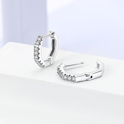 Parmuz 925 Sterling Silver Butterfly Huggies Hoop Earrings for Woman | Gold Plated Cubic Zirconia Star Moon cross Twisted huggie Hoop Post Chunky Small Tiny cuff Snake Heart Earring Gift for Her - color: Polygon earring
