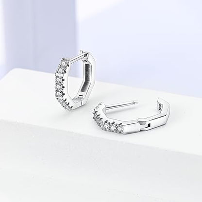 Parmuz 925 Sterling Silver Butterfly Huggies Hoop Earrings for Woman | Gold Plated Cubic Zirconia Star Moon cross Twisted huggie Hoop Post Chunky Small Tiny cuff Snake Heart Earring Gift for Her - color: Polygon earring