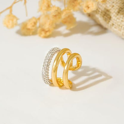 Gold Ear Cuff Earring for Women 14K Gold Plated Cubic Zirconia Non-Pierced Clip on Cartilage Chunky Ear Cuffs Hypoallergenic Jewelry - style: cz triple
