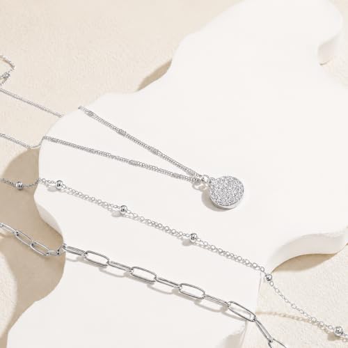 Layered Necklaces for Women, 3 Piece Gold Necklace Set | Paperclip, Satellite & CZ Pendant Chains; 14K Gold Plated Silver Stainless Steel Necklace; Hypoallergenic Non Tarnish Jewelry - color: Silver
