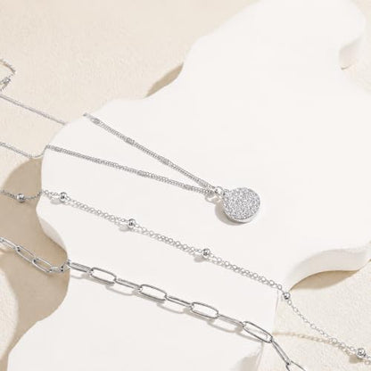 Layered Necklaces for Women, 3 Piece Gold Necklace Set | Paperclip, Satellite & CZ Pendant Chains; 14K Gold Plated Silver Stainless Steel Necklace; Hypoallergenic Non Tarnish Jewelry - color: Silver