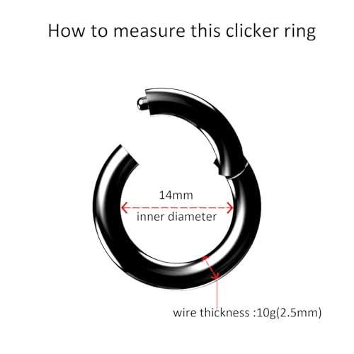 4G/6G/8G/10G/12G/14G/16G/18G/20G Hypoallergenic Nose Hoop Rings Steel Hinged Clicker Segment Gold/Rose Gold/Black/Pink Color - style: 1pc: 10g×14mm Black