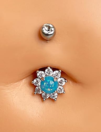Belly Button Ring Dangle, Cross Belly Button Ring, Navel Piercing | 316L Surgical Steel, AAA+ Cubic Zirconia, Nickel-Free, Hypoallergenic, Multi-Style, 14 Gauge 10 mm Screw On Piercing Stud - style: Blue Opal Sun Flower