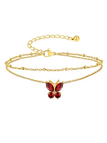Suplight Gold Plated Butterfly Anklets for Women Waterproof, Layered Boho Ankle Bracelet with Birthstone, Stainless Steel Adjustable Non-Tarnish Heart Foot Jewelry Beach Vacation - color: 01. Butterfly-Jan. Garnet