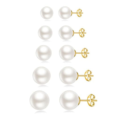 JINERA 5 Pairs Stud Earrings for Women 14K Plated Gold/Silver Pearl Ball Small Stud Earrings Set Cartilage Piercing Hypoallergenic Lightweight Flatback Earrings Jewelry Gifts for Women - color: 5 Pairs Pearl Earrings - Gold