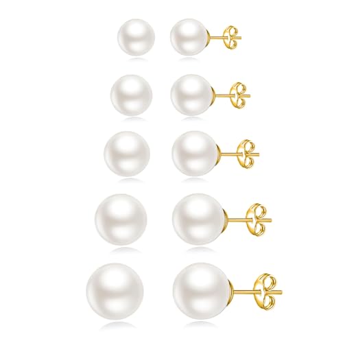 JINERA 5 Pairs Stud Earrings for Women 14K Plated Gold/Silver Pearl Ball Small Stud Earrings Set Cartilage Piercing Hypoallergenic Lightweight Flatback Earrings Jewelry Gifts for Women - color: 5 Pairs Pearl Earrings - Gold