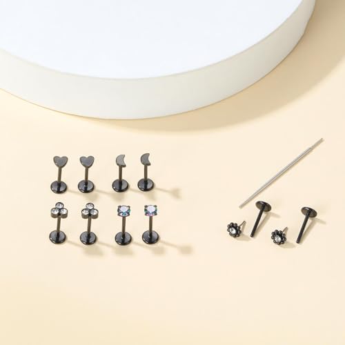 Uni-J 10pcs 20G/18G/16G Threadless Push-in Tragus Conch Cartilage Flat Back Helix Labret Monroe Lip Ring Daith Piercing Jewelry - color: 18G Black 6mm
