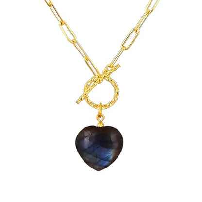 Gempires Gemstone Heart Pendant Necklace for Women, Gold Toggle Birthstone | Handmade gemstone heart pendant necklace — choose from 11 stones and birthstones, gold toggle paperclip chain. - color: Labradorite